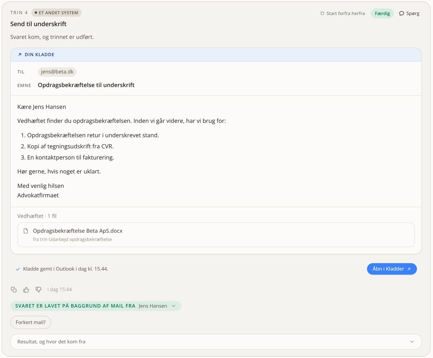 Et færdigt trin i Jurritas: kladde til kunden med vedhæftet dokument, gemt i Outlook