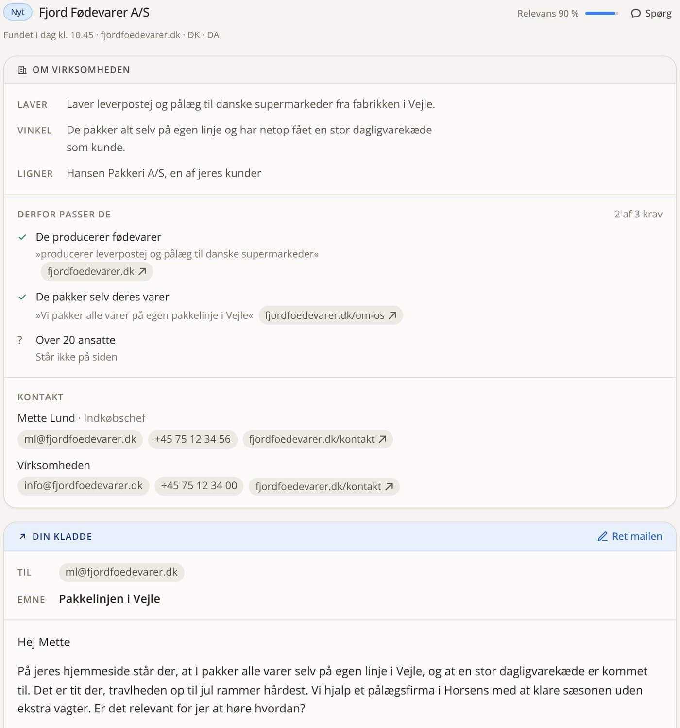 Et fundet kundeemne i Jurritas: Fjord Fødevarer A/S med begrundelse, kilder, kontaktperson og kladde til første mail