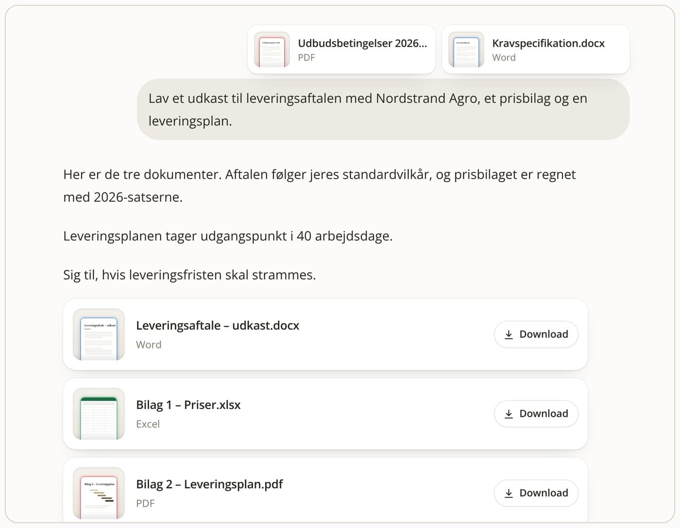 Chat i Jurritas: udbudsbetingelser og kravspecifikation ind, leveringsaftale, prisbilag og leveringsplan ud som filer